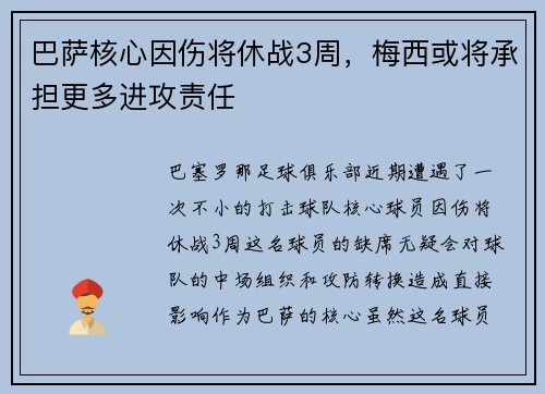巴萨核心因伤将休战3周，梅西或将承担更多进攻责任