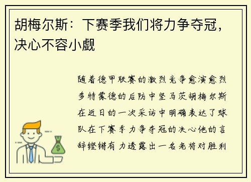 胡梅尔斯：下赛季我们将力争夺冠，决心不容小觑